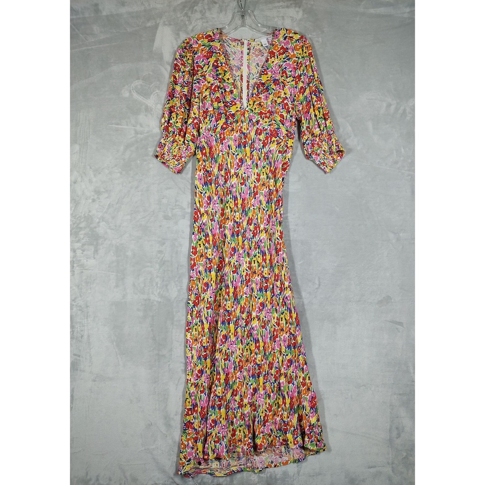 RIXO for Target Abstract Floral V-Neck Midi Dress Multicolor Smocked Sleeve 8‎